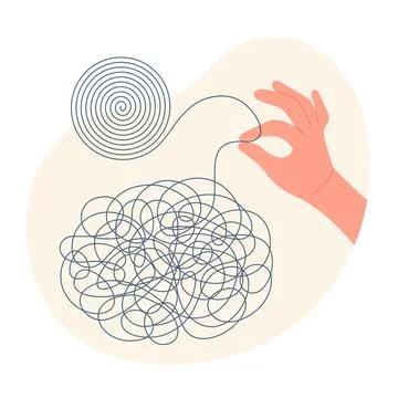 Chaos of mental problems, need for order and coachs help, hand holding tangled Illustrazione stock