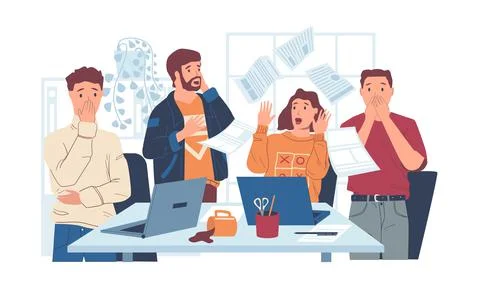 Chaos in office. Stressed workers with shock reaction. Surprised people look at Stock Illustration