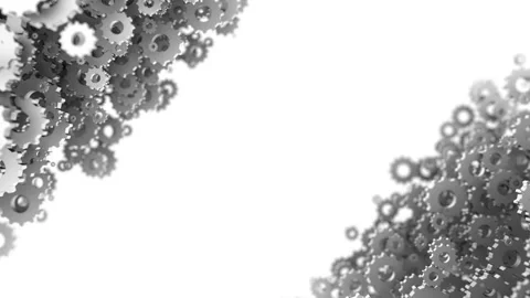 A chaotic cluster of gears rotating in the corners of a white screen. Depth of Stock Footage 126164949