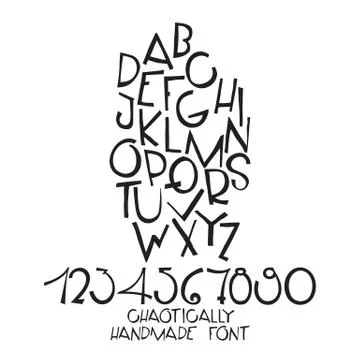 Chaotic decorative vector alphabet. Hand drawn letters, numbers Stock Illustration