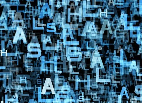 Chaotic flying of many abstract blue alphabet letters Stock Illustration