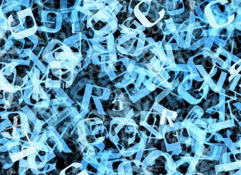 Chaotic flying of many abstract blue alphabet letters Illustrazione stock
