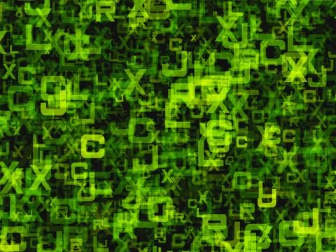 Chaotic flying of many abstract green alphabet letters Stock Illustration