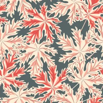 Chaotic maple leaf seamless pattern on gray background. Colorful leaves vinta 库存插图