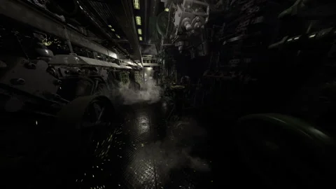 Chaotic mechanical disaster. Damaged engine with flooding scene Stock Footage 340352432