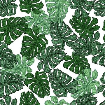 Chaotic monstera leaf seamless pattern on white background. Stock Illustration
