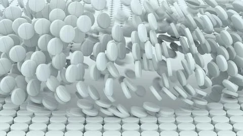 Chaotic motion of falling white round tablets over a disrupted seamless sur.. Stock Photos