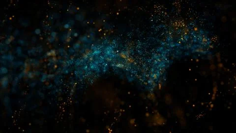 Chaotic particles with random size. Twisted massive of particles with glow. Stock Illustration