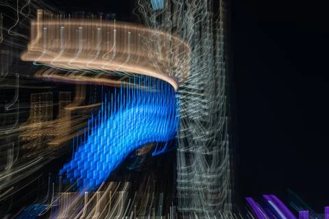 Chaotic patterns shapes and reflections of urban night lights shot using in.. Stock Photos