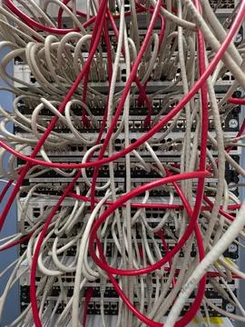 Chaotic Red and Grey Network Cables 스톡 사진