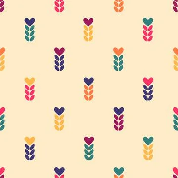 Chaotic seamless pattern of multicolored spikelets and hearts Stock Illustration