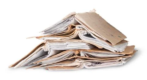 Chaotic stacked and one open old files rotated Stock Photos