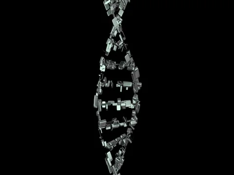 Chaotic swarm of shiny silver cubes recombine into DNA Stock-Footage 75877319