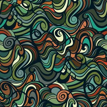 Chaotic swirly lines seamless pattern in green, brown, and turquoise. Stock Illustration
