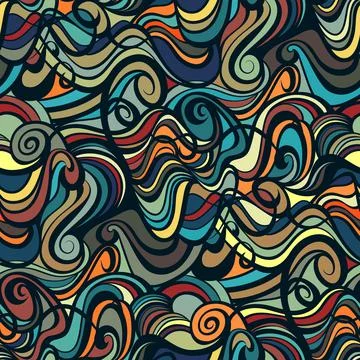Chaotic swirly lines seamless pattern in orange, teal, and light blue. Stock Illustration