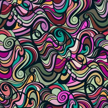 Chaotic swirly seamless pattern in green, pink, and turquoise. Stock Illustration