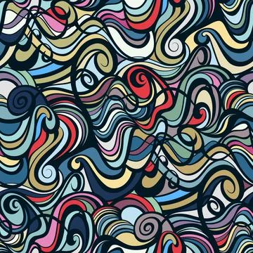 Chaotic swirly seamless pattern in red, blue, and pink. Stock Illustration