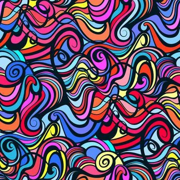 Chaotic swirly seamless pattern in yellow, pink, and light blue. Stock Illustration