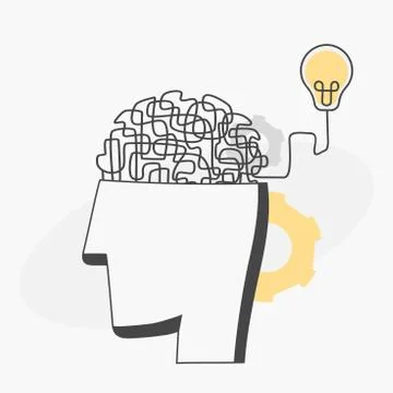 Chaotic tangle ideas in head illustration. Complex problem solving and Illustrazione stock