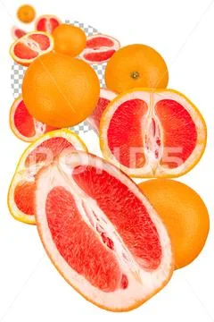 Chaotically flying fresh whole and halved grapefruits. PSD Template
