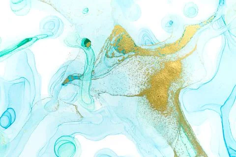 Chaotically splattered blue and green transparent ink drops on white background Illustrazione stock