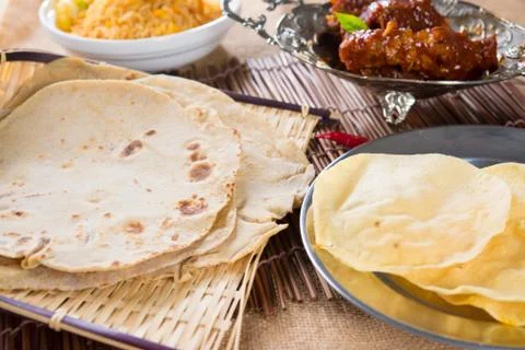 Chapati or flat bread, roti canai, indian food, made from wheat flour dough.  Stock Photos