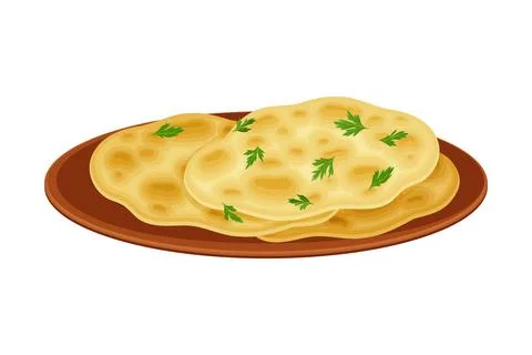 Chapati or Flatbread as Indian Dish Served on Plate and Garnished with Herbs Illustrazione stock