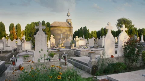 Chapel with the bell tower in cemetery - time lapse Stock Footage 137232607
