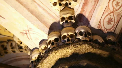 Chapel of Bones ceiling pillar, skeletons, skulls, scary church, Evora, Portugal Stock Footage 59615325