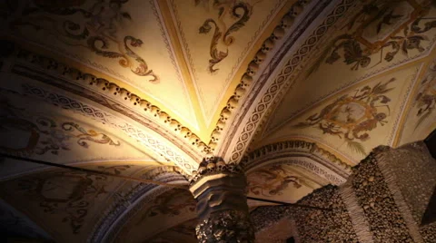 Chapel of Bones ceiling, skeletons, skulls, church, long shot, Evora, Portugal Stock Footage 59615027