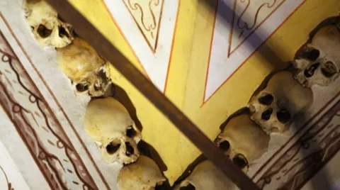 Chapel of Bones ceiling, skeletons, skulls, church, Evora, Portugal, close up Stock Footage 59615379