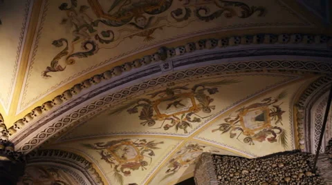 Chapel of Bones ceiling, skeletons, skulls, church, long shot, pan left Stock Footage 59615435
