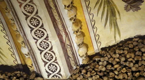 Chapel of Bones ceiling, skeletons, skulls, church, close up, Evora, Portugal Stock Footage 59615626