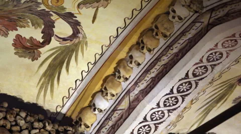 Chapel of Bones decorated ceiling, skeletons, skulls, church, Evora, Portugal Stock Footage 59615608