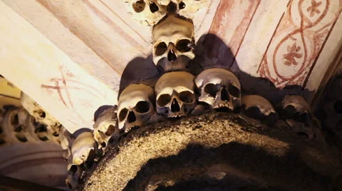 Chapel of Bones wall close up, skeletons, skulls, church, Evora, Portugal Stock Footage 59615660