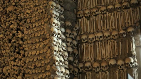 Chapel of Bones wall, skeletons, skulls, church, medium shot, Portugal Stock Footage 59615173