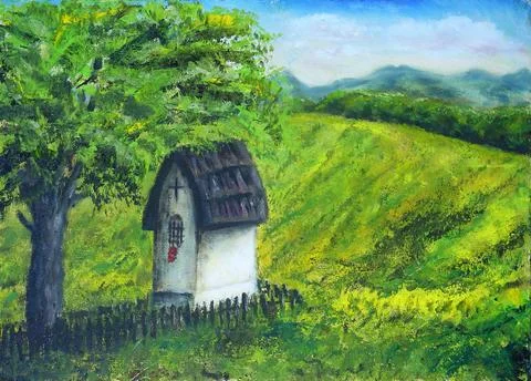 Chapel in nature under the linden tree, color oil painting. Beauty mountains and Stock Illustration