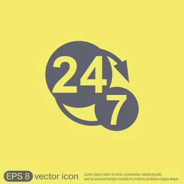 Character 24 7. open 24 hours a day and 7 days a week icons Stock Illustration