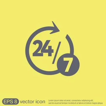 Character 24 7. open 24 hours a day and 7 days a week icons Stock Illustration
