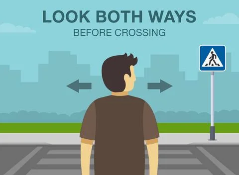Character is about to cross the road. Look both ways before crossing. Stock Illustration
