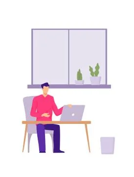 Character in abstract office. Manager in red shirt works at laptop his office Stock Illustration