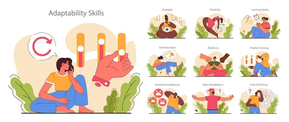Character adaptability and flexibility set. Quick respond to changes Stock Illustration