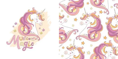 Character and seamless pattern with unicorn vector illustration Stock Illustration