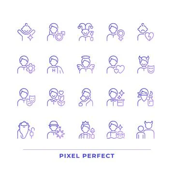 Character archetypes pixel perfect gradient linear vector icons set Ilustração Stock