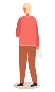 Character back view, stands with a tablet or folder in his hands. Flat vector Stock Illustration