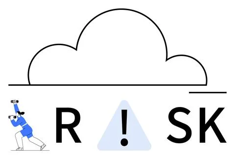 Character with binoculars, large cloud, and the word RISK highlighting the Stockillustratie