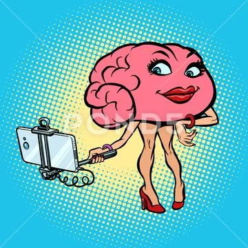 Character brain Woman selfie stick photo Stock Illustrationen