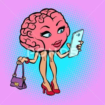 Character brain woman with a smartphone Stock Illustration