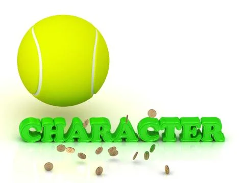 CHARACTER- bright green letters, tennis ball, gold money on white background Stock Illustration