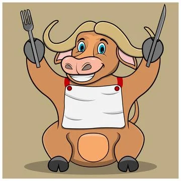 Character Bufallo Bring spoon and fork Stock Illustration